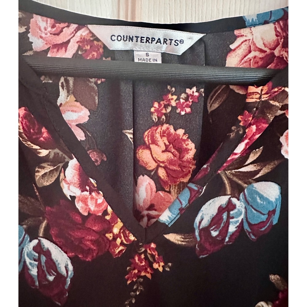 Black Floral Blouse S Romantic Boho Peplum Bell Sleeve Cottagecore Dark Academia - Picture 6 of 7
